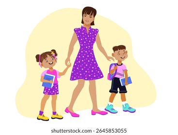 Mom, son, and daughter are holding hands and walking to school. Family scene, care, parenting. A loving mother and her children strolling, talking, and smiling. Vector flat illustration. 