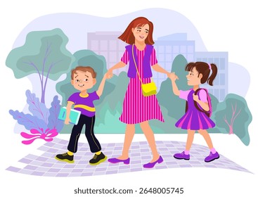 Mom, son, and daughter are holding hands and walking to school through the park. Family scene, parenting. A loving mother and her children are talking and smiling. Vector flat illustration