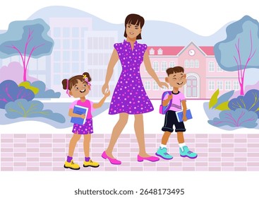 Mom, son, and daughter are holding hands and walking to school through the park. Family scene, care, parenting. A loving mother and her children are talking and smiling. Vector flat illustration 