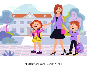 Mom, son, and daughter are holding hands and walking to school through the park. Family scene, care, parenting. A loving mother and her children are talking and smiling. Vector flat illustration.