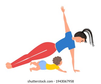 Mom and son do yoga, do a side plank pose on one arm and leg.