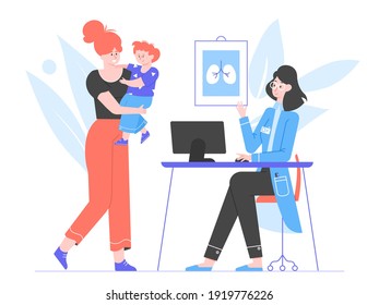 Mom and son at a doctor's appointment. Children's medicine, therapist. Medical clinic office. Helping a child with health. Vector flat illustration.