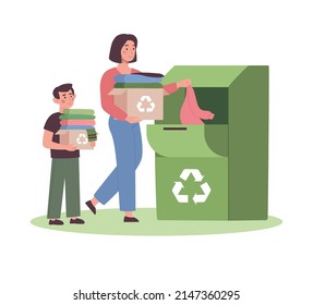 Mamá y su hijo donaron sus ropas viejas para reciclaje. Caridad, donaciones para los necesitados y los sin hogar. El reciclado de textiles. Criar una actitud responsable de un niño hacia la naturaleza. Ilustración vectorial plana