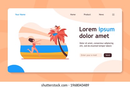 Mom and son enjoying vacation on tropical beach. Boy eating banana on palm top. Flat vector illustration. Vacation, travel, childhood concept for banner, website design or landing web page