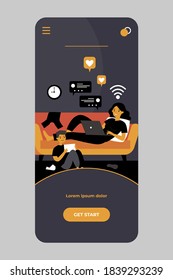 Mom and son with gadgets living on social media chats. Dad getting upset about messy at home. flat vector illustration. Internet addiction concept for banner, website design or landing web page