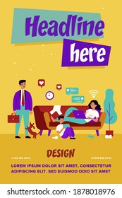 Mom and son with gadgets living on social media chats. Dad getting upset about messy at home. flat vector illustration. Internet addiction concept for banner, website design or landing web page