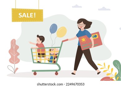 Mamá e hijo van de compras. Mujer sosteniendo carrito de compras y tarjeta de crédito. Comprando juguetes de descuento. Un chico lindo quiere juguetes nuevos. Grandes ventas en tienda. Familia en el supermercado. Ilustración vectorial plana