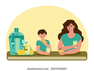 Mom and son are in a good mood drinking freshly squeezed pear juice and eating fruit together. There is an electric juicer on the table. Useful and healthy food, family leisure. Vector illustration