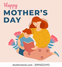 Mom and son. Happy Mothers Day, international holiday. Design of greeting cards, posters and banners. Parent reads book with boy, teaching children, care and love. Cartoon flat vector illustration