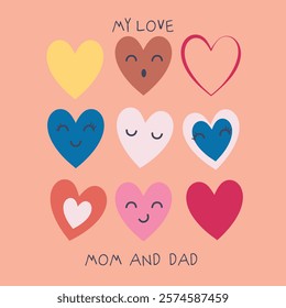 Mom and son hearts, I love you Mom vector lettering. Happy Mother's Day calligraphy illustration with drawn hearts for greeting card, festival, etc.