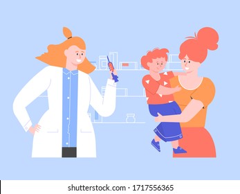 Mom and son in the hospital. Routine vaccination of children. Female doctor in a white coat with a syringe. Immunization schedule. Medical insurance. Vector flat illustration.