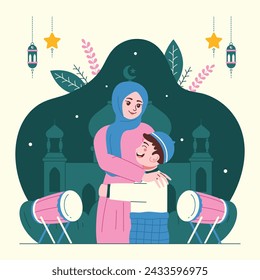 Mom and Son Hugging Flat Ramadan and Eid Fitr Illustration