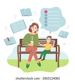 Mom and son are listening to audiobooks on a bench in the park with headphones. Vector illustration on white background.