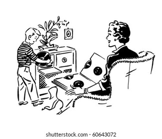 Mom And Son Listening To Records - Retro Clip Art