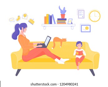 Mom and son in the living room are sitting on the couch. A woman works with a laptop online, the boy reads a book. Mom has time for everything. Illustration in the interior.