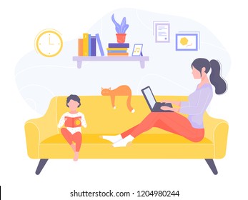 Mom and son in the living room are sitting on the couch. A woman works with a laptop online, the boy reads a book. Freelance, remote work, order fulfillment, making money. Illustration in the interior