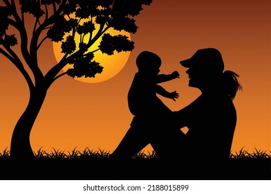 Mom son love silhouette design, beautiful natural scenery, vector illustration