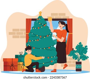 Mom And Son Making Christmas Tree Flat Illustration Background