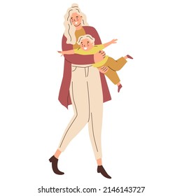 Mom and son. Mather hold his child. Parent plays with kid. Happy family. The upbringing and care of children. Flat style in vector illustration. Isolated persons. 