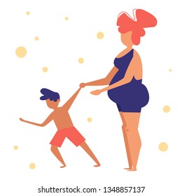 Mom with son on the beach Vector. Cartoon. Isolated art on white background. Flat
