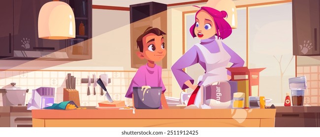 Mom and son on messy kitchen cook food at home. Woman character with boy together cooking meal for dinner background. Adult helping sad kid to make breakfast or lunch cartoon motherhood illustration