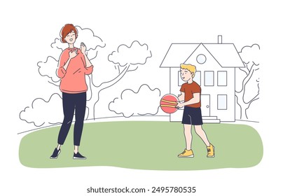 Mom and son play with ball. Mother with boy play outdoors. Active lifestyle and sports. Good family relationships. Parent with kid at summer. Linear vector illustration isolated on white background