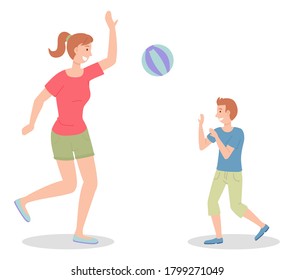 Mom and son play the ball. Woman in shorts, boy in blue T-shirt. Beach volleyball. Family outdoor recreational activities. People actively relax, playing with the ball. Flat cartoon characters