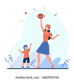 Mom And Son Playing Football. Mother And Kid In Helmets Throwing And Catching Ball Flat Vector Illustration. Motherhood, Family, Activity Concept For Banner, Website Design Or Landing Web Page