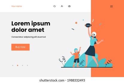 Mom And Son Playing Football. Mother And Kid In Helmets Throwing And Catching Ball Flat Vector Illustration. Motherhood, Family, Activity Concept For Banner, Website Design Or Landing Web Page