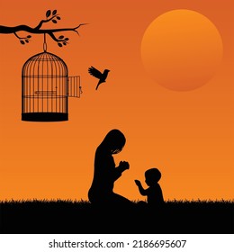 mom and son pray, silhouette design