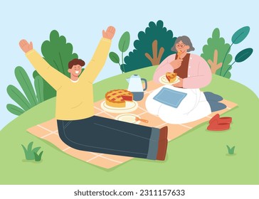 Mutter und Sohn entspannen sich auf Picknickdecke im Freien. Essen, trinken und chatten draußen. Menschen verbringen Sommerzeit zusammen in der Natur. Flache Cartoon-Stil, Vektorgrafik.