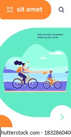 Mom and son riding bikes along seacoast. Woman checking route on mobile app flat vector illustration. Family outdoor activity, navigation concept for banner, website design or landing web page