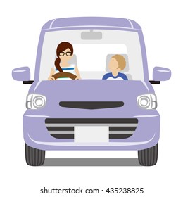 Mom and son riding the Purple car,Front view - Isolated