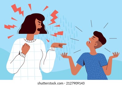 Mom and son scream at each other. Young woman is arguing with her child. The concept of problems in the family and toxic parenting or passive aggression