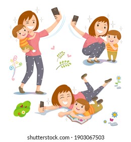 Mom And Son Selfie Pose, Illustration Vector Cartoon