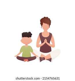 Mom and son are sitting meditating in the lotus position. Isolated. Cartoon style. Vector illustration