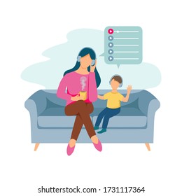 Mom and son are sitting on the couch with headphones and listening to audiobooks. Flat style illustration on a white background.