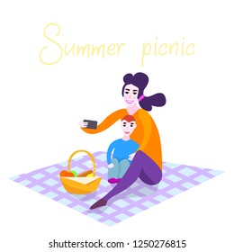 Mom and son are sitting on a picnic, make a photo, selfie, on a white background. Vector illustration.