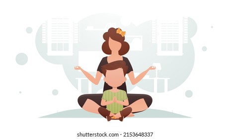 Mamá e hijo están sentados en la habitación haciendo yoga. Meditación. Estilo de caricatura. Ilustración del vector