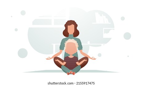 Mom and son are sitting in the room doing yoga in the lotus position. Meditation. Cartoon style. Vector illustration
