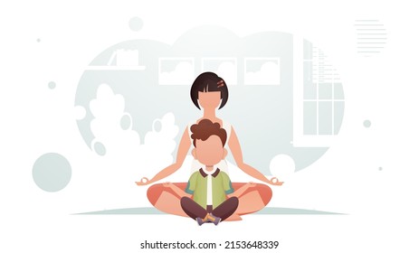 Mom and son are sitting in a room in the lotus position. Meditation. Cartoon style. Vector illustration