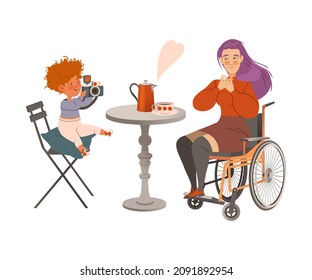 Mom and son sitting at table in cafe or restaurant. Mother sitting in wheelchair, son photographing her vector illustration