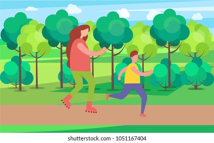 Mom and son skating together, rollerskating people and good weather in the park, trees and clouds, bush and greenery isolated on vector illustration