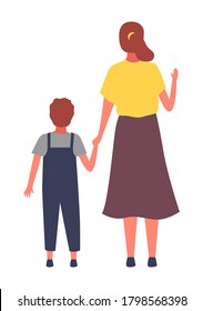 Mom and son stand with their backs. Mother raises her hand up, greeting gesture. Modernly dressed people. Boy and woman. Backside view vector illustration. Catroon illustration for presentation, games