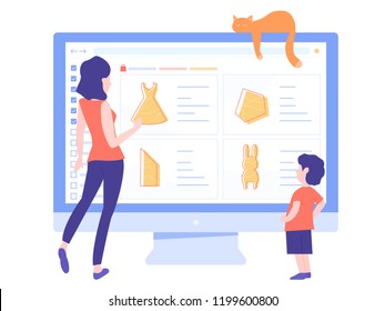 Mom and son are standing at the computer screen. Shopping on the Internet. Family shopping online. Store webpage. Hero image illustration.