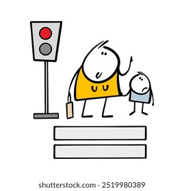 Mom and son are standing near a pedestrian crossing on the street. Vector illustration of an adult woman teaching  child to cross the road correctly. Traffic light is red.