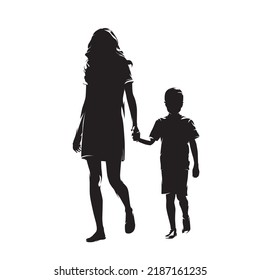 Mom   son walk forward holding hands  Mother  son relationship  trust  Isolated vector silhouette