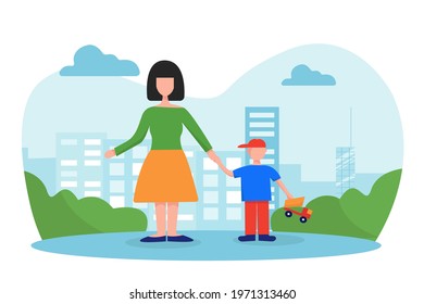 Mom and son are walking in the street. There are houses and vegetation around them. Vector illustration
