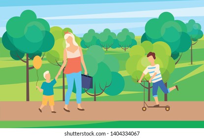 Mom and son walking together in green park with trees and bushes. Vector boy riding on scooter outdoors. Summer walks and sport activities outside