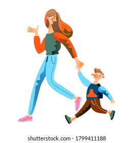 Mom and son walking together holding hands. Family walking outdoors isolated on white background. Vector character illustration of spending time together, activity, happy motherhood and childhood